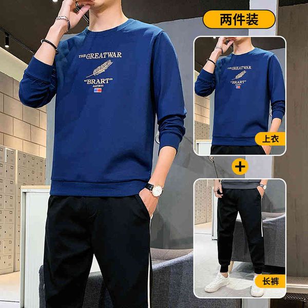 

spring and autumn 2021 new men's round neck sweater sports leisure suit student brand handsome fashion cloth, Black
