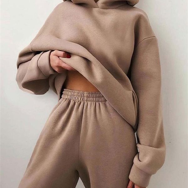 

women elegant solid sets for warm hoodie sweatshirts and long pant fashion two piece ladies 220315, White