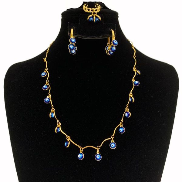 

earrings & necklace blue eye set gold plated turkish evil jewelry lucky costume for women arabic wedding accessories, Silver