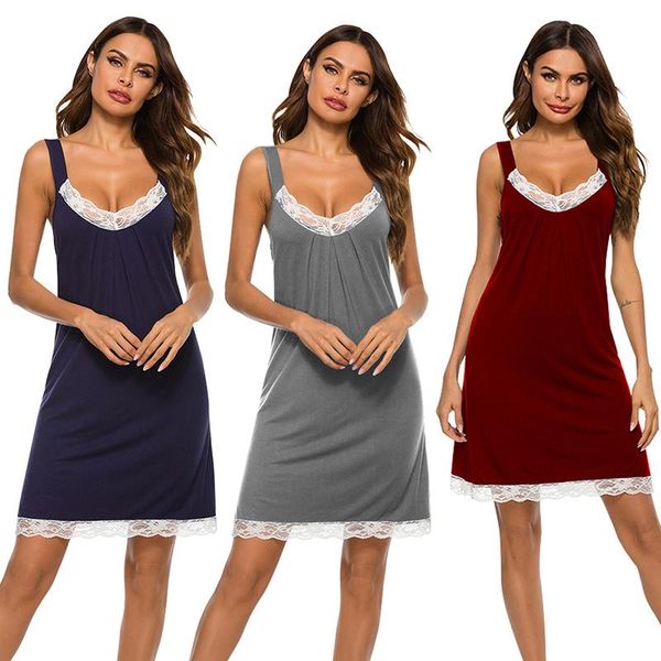 

women's sleepwear ladies solid color cotton v-neck nightdress plus size casual home wear lace, Black;red