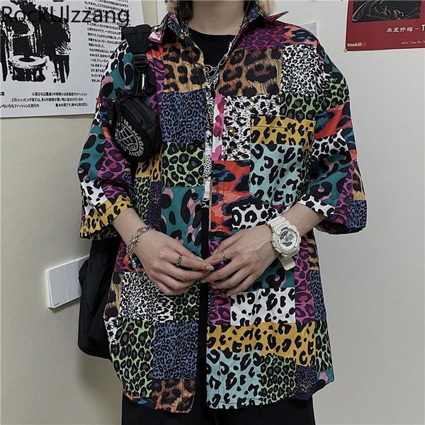 

women's blouses & shirts contrast colorblock leopard pocket short sleeve button up shirt woman man streetwear casual blouse fashion har, White
