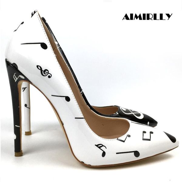 

dress shoes women's pointed toe high heel pumps musical note pattern white black ladies fashion heels elegant patent leather aimirlly
