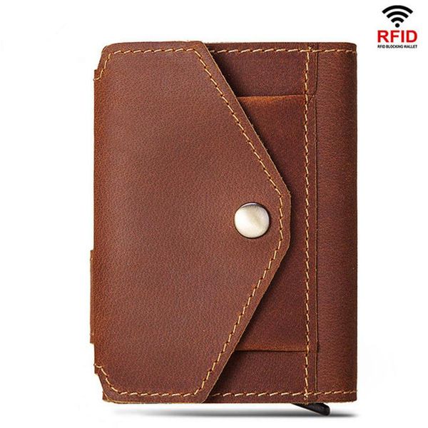 

card holders genuine leather rfid protective hasp holder coin purse aluminium box for id bank male small case wallet, Brown;gray