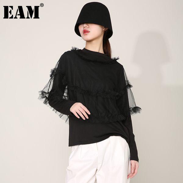 

[eam] women black mesh ruffles spliced temperament t-shirt round neck long sleeve fashion spring autumn jo2720 210512, White;black