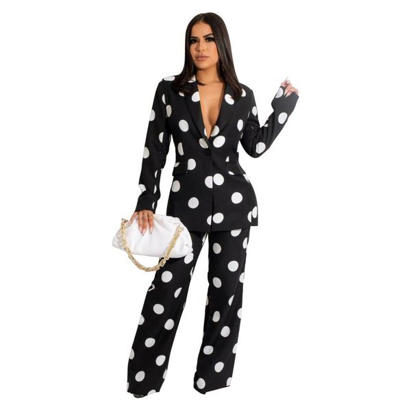 

women's two piece pants women blazer suits long sleeve casual turn down collar elegant 2 pieces sets polka dot printed clothes, White