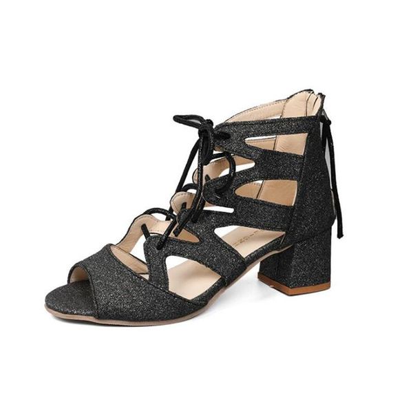 

fashion rome hollow sandals gladiator women summer glitter thick heel shoes cross lace up high heels talon femme, Black
