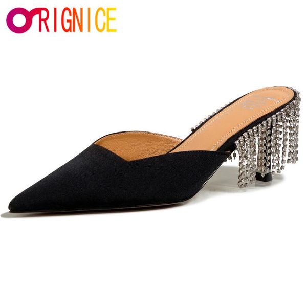 

orignice arrival women pointy toe sequined cloth bling mules stilettos high rhinestones tassels slipper wedding party shoes dress, Black