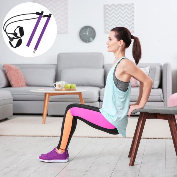 

yoga bar with adjustable resistance bands compact pilates fitness stick (purple)