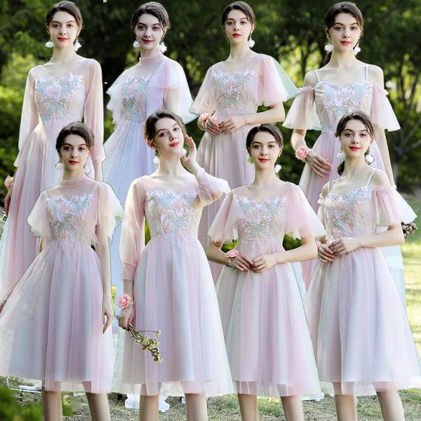 

bridesmaid dress summer elegant gauze chiffon embroidery flowers backless high waist slim bean paste gray women party dresses 9853, White;pink