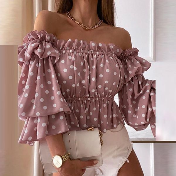 

women's blouses & shirts women slash neck ruffles blouse vintage printed flare sleeve ladies autumn loose streetwear female backles, White
