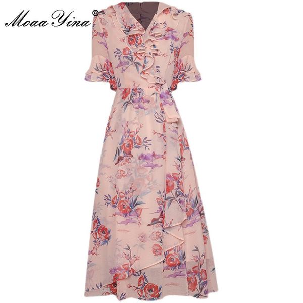 

fashion runway summer holiday dress women's v-neck ruffles floral print chiffon vintage midi 210524, Black;gray