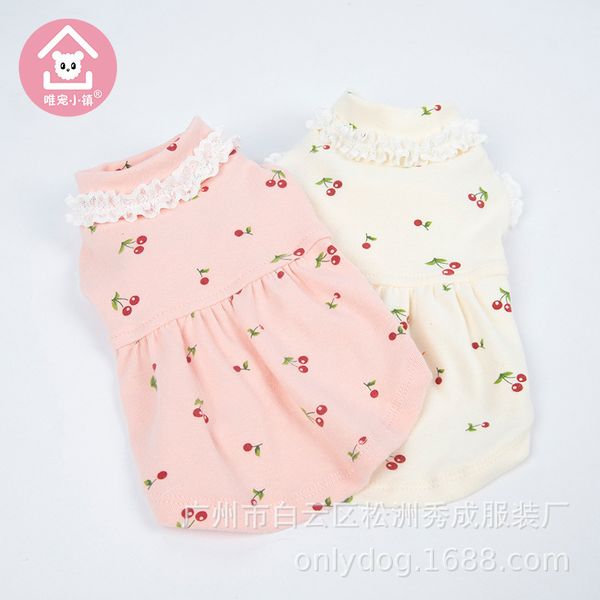 

weichong town autumn winter pet cloth cherry printed lace sleevels skirt cat dog