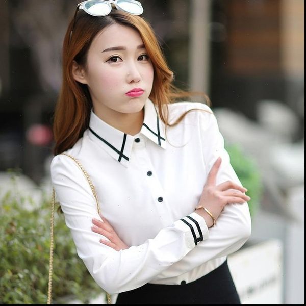

plus size women and shirts blouses elegant ol long sleeve office lady work wear young student clothes, White