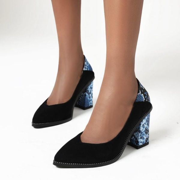 

dress shoes fanyuan flock snakeskin pu leather spring autumn ladies pumps square high heel pointed toe women single size 34-43, Black