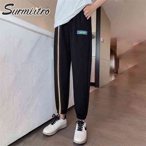 Ligne réfléchissante femmes pantalons de survêtement printemps mode coréenne cheville longueur taille haute sport sarouel pantalon 210421