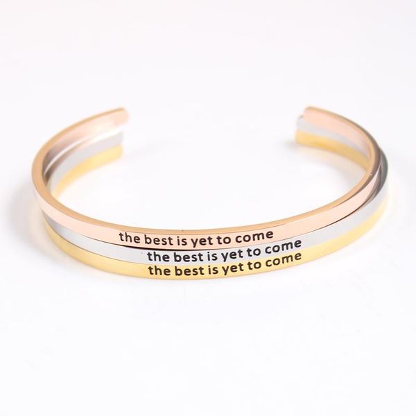 

bangle stainless steel positive quotes open cuff bangles bracelets 3 color message "the is yet to come" 3.2cm width 1 piece, Black