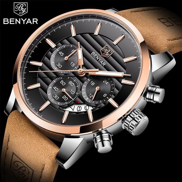

wristwatches fashion analog leather strap mens waterproof watches clock 2021 benyar luxury men chronograph quartz watch relogio masculino, Slivery;brown