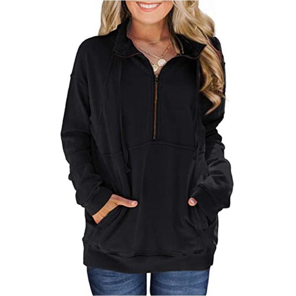 

women's hoodies & sweatshirts woman sweatshirt fashionable solid color casual pullover with drawstring long sleeve half zipper kangaroo, Black