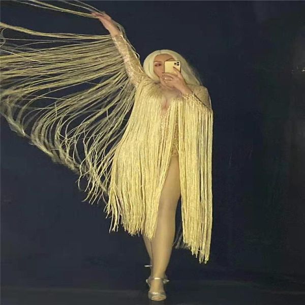 

party decoration t69 female gold long tassel bodysuit birthday eveing dress wears outfit stretch leotard dj tights dance costumes club