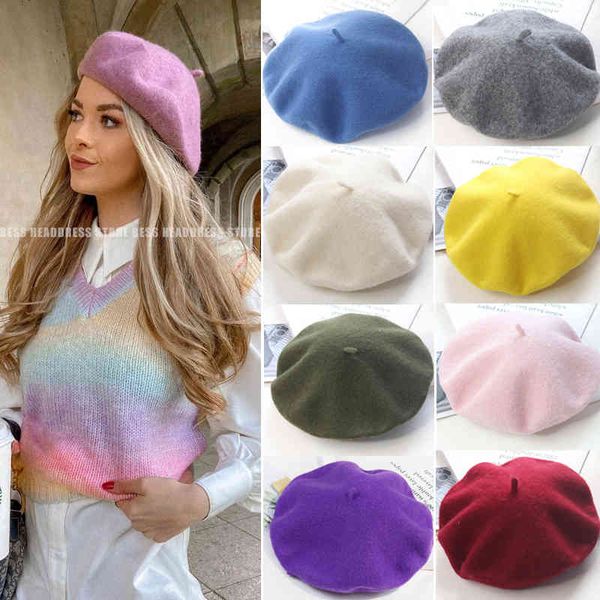 

winter warm soft berets for women girls french artist beanie caps solid color vintage beret elegant ladies hat accessories, Blue;gray