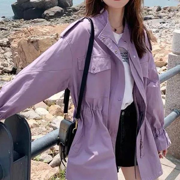 

women's trench coats 2021 spring women's windbreaker casual basic coat pocket zipper button long sleeve women loose solid color jac, Tan;black