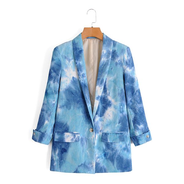 Giacca da donna lunga in velluto a coste blu con stampa tie-dye moda femminile Blazer a bottone singolo con manica autunnale elegante 210421