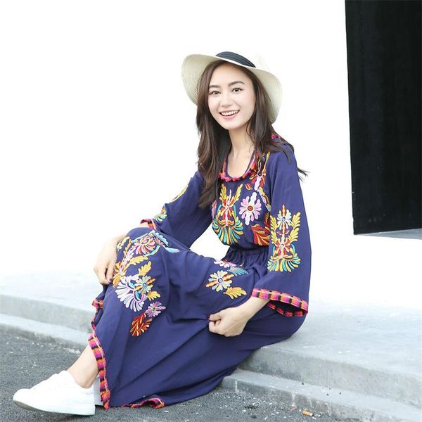 

ethnic clothing thailand vintage style women's floral embroidery neck high waist half sleeve midi dress vacation beach robe, Red