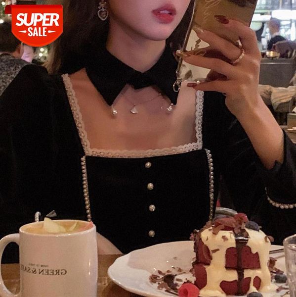 

ladies dance music/elegant french retro hollow design black square collar velvet dress #vl0p, White;black