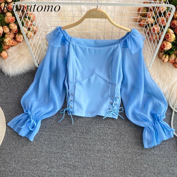 

women's blouses & shirts kimutomo flared sleeve blouse 2021 french style square collar exposed clavicle waist short long-sleeved shirt, White