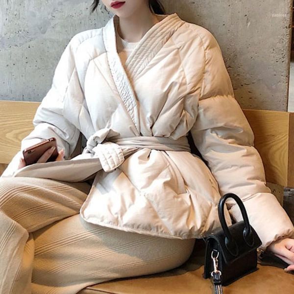 

woman jacket korean loose thick cotton-padded waist tie v-neck female coats autumn winter dt0191, Black