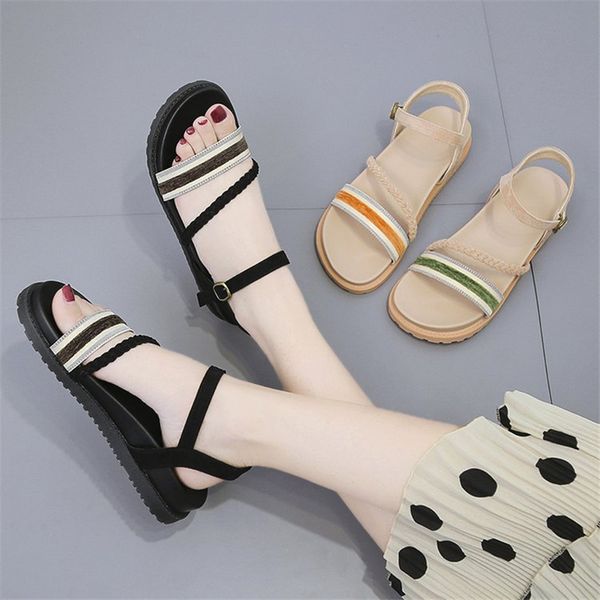 

womens shoes summer new fashion flat-bottomed flat-heeled solid color buckle outdoor casual womens sandals1, Black
