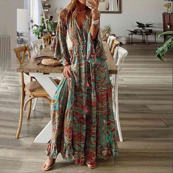 

elegant flare sleeve summer women dress print maxi casual v neck full loose xxxl retro female button ruffles, Black;gray