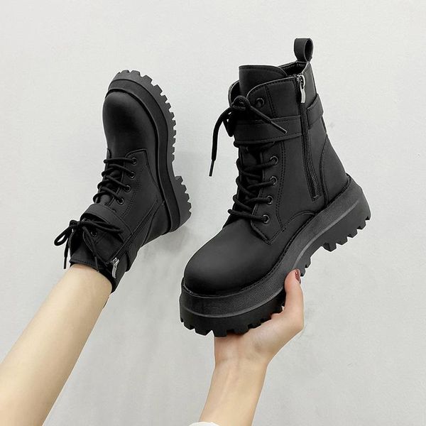 

boots lolita shoes round toe zipper boots-women luxury designer flat heel riding rock 2021 fashion ankle ladies med, Black