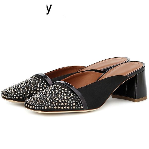 

sandals slippers summer dress party shoes female chunky high heels satin silk runway pointed toe metal crystal decor sandalia, Black