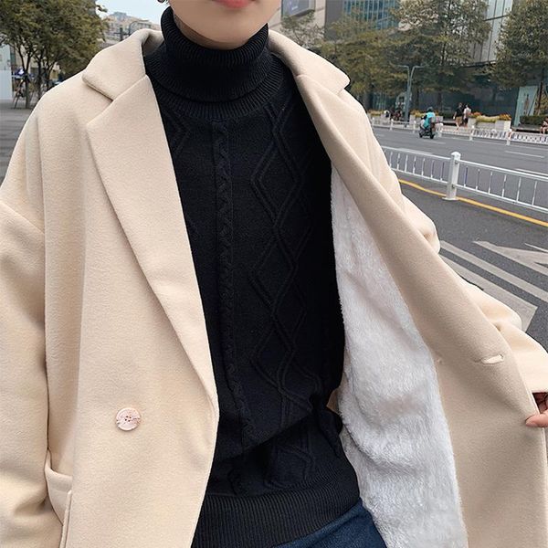 

men's wool & blends legible winter jacket men solid thicken warm coat man casual loose long for, Black