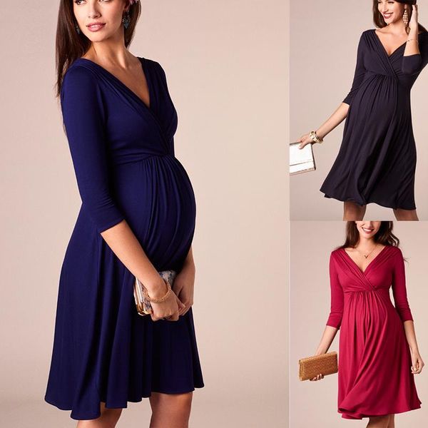 

home suit pleated deep v neck fashion party evening dress pregnant woman cotton maternity breastfeeding wearmaternity breastfee dresses, White