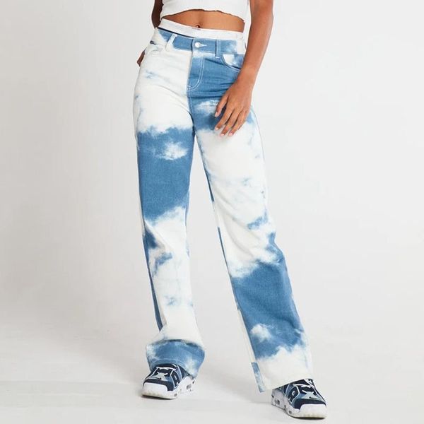 

spring woman jeans high waist elastic harem pants europen style geometric panelled spliced blue denim trousers women women's
