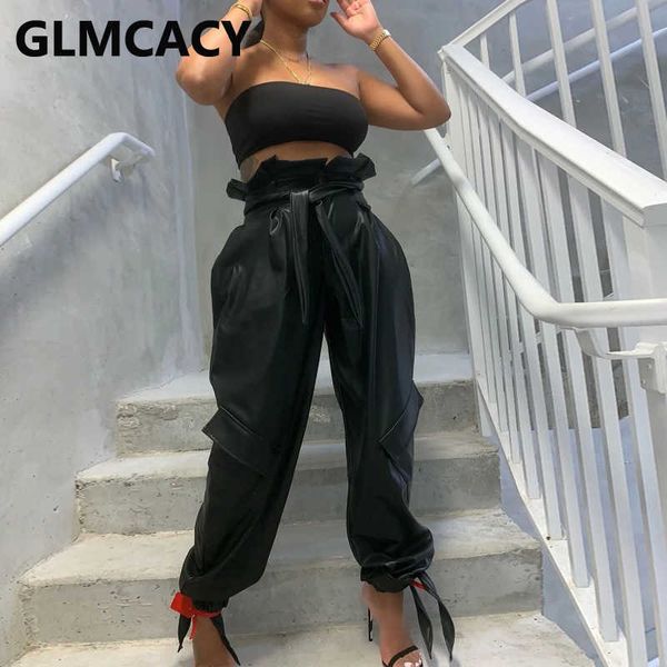 

women high waist pu leather pants 210702, Black;white