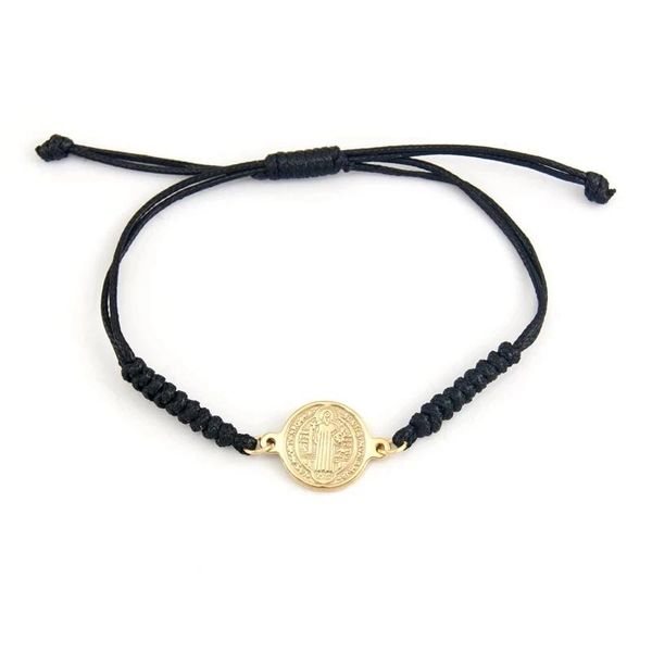 

charm bracelets 100% stainless steel saint benedict medal bracelet for women handmade braided cotton cord adjustable, Golden;silver