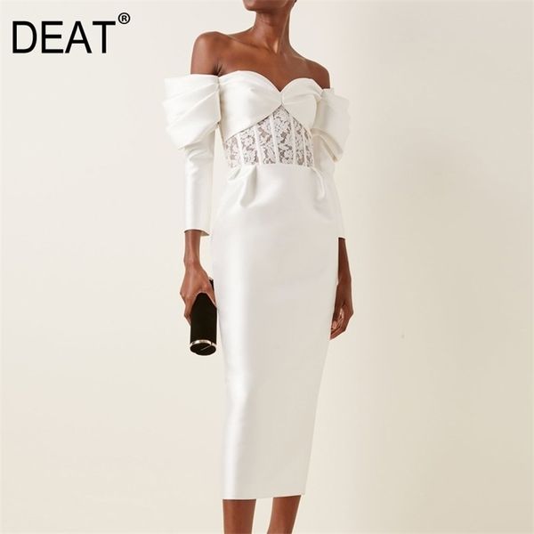 

[deat] women white temperament elegant strapless high waist puff sleeve solid color quality dress summer 13d070 210527, Black;gray