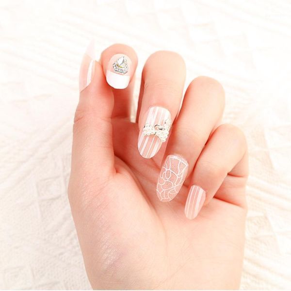 

pink printing bride wedding fake nails water drop decor round mid-length detachable full cover finished fingernails with glue1, Red;gold