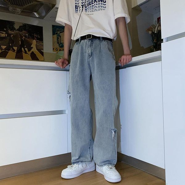 

men's jeans ripped denim women's straight loose 2021 summer thin harajuku style high waist wide leg old daddy teenagers pants, Blue