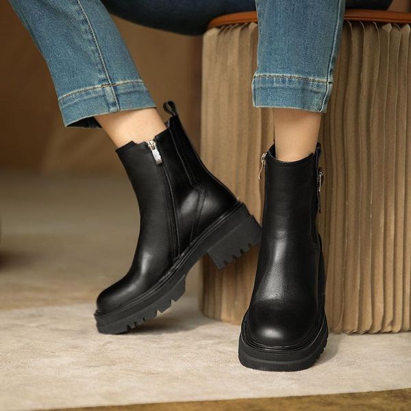 

boots 2021 winter women ankle platform round toe casual zipper fashion warm motorcycle botas mujer, Black