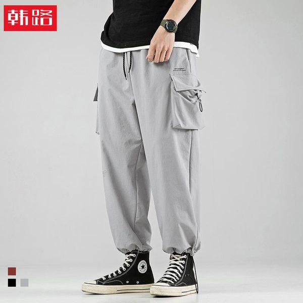 

men's pants reflective drawstring overalls, loose big pockets, leggings, casual pants, fashion trousers, trousers for, Black