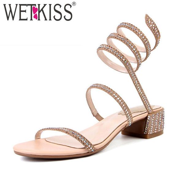 

summer bling rhinestone shoes women sandals ladies snake style gladiator footwear square heels kid suede, Black