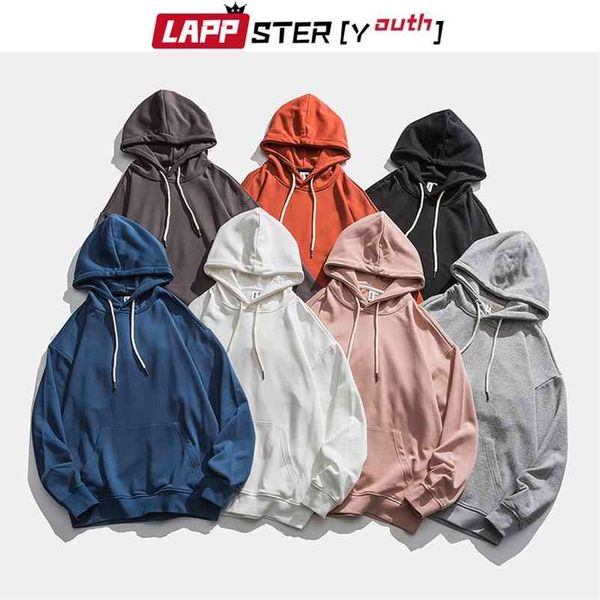 

men streetwear harajuku solid sweatshirts pullover pockets hooded hoodies loose 7 colors black kpop hoodie 210420