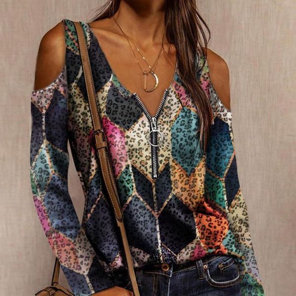 

women's t-shirt geometric print woman tshirts long sleeve v-neck off shoulder pullover t shirt tunics casual femme summer t-shirts 202, White