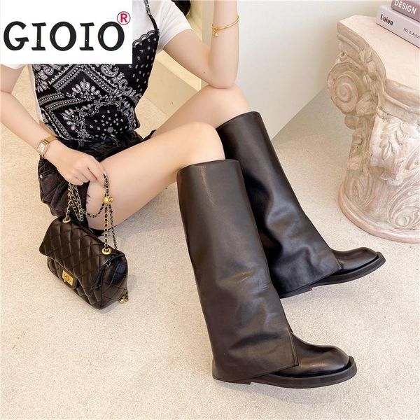 

boots gothic retro women knee high knight 2021 round toe fashion ladies winter botas solid color flats heeled woman shoes, Black