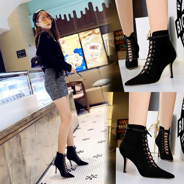 

boots fashionable nightclub slim high heel suede pointed lace up hollow short, Black