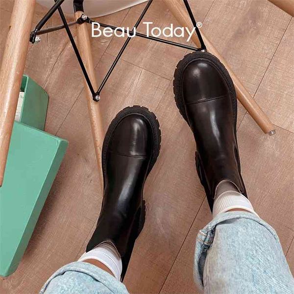 

beautoday ankle boots platform women cow leather chelsea boots round toe elastic band thick sole ladies shoes handmade 02379 210914, Black